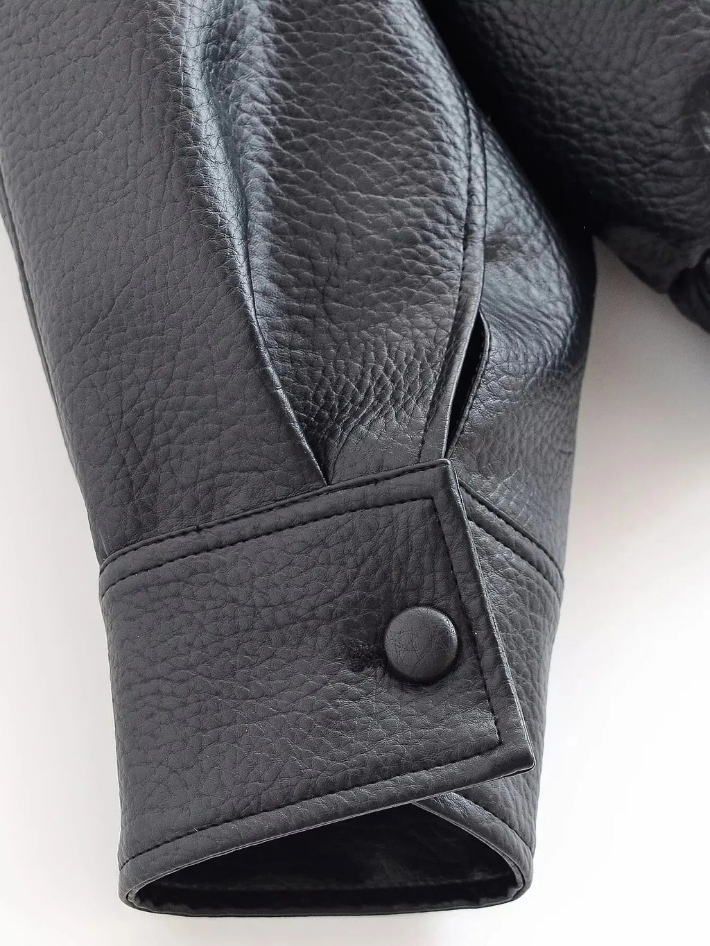 Women's Black Faux Leather Jacket with High Neck and Zip Front
