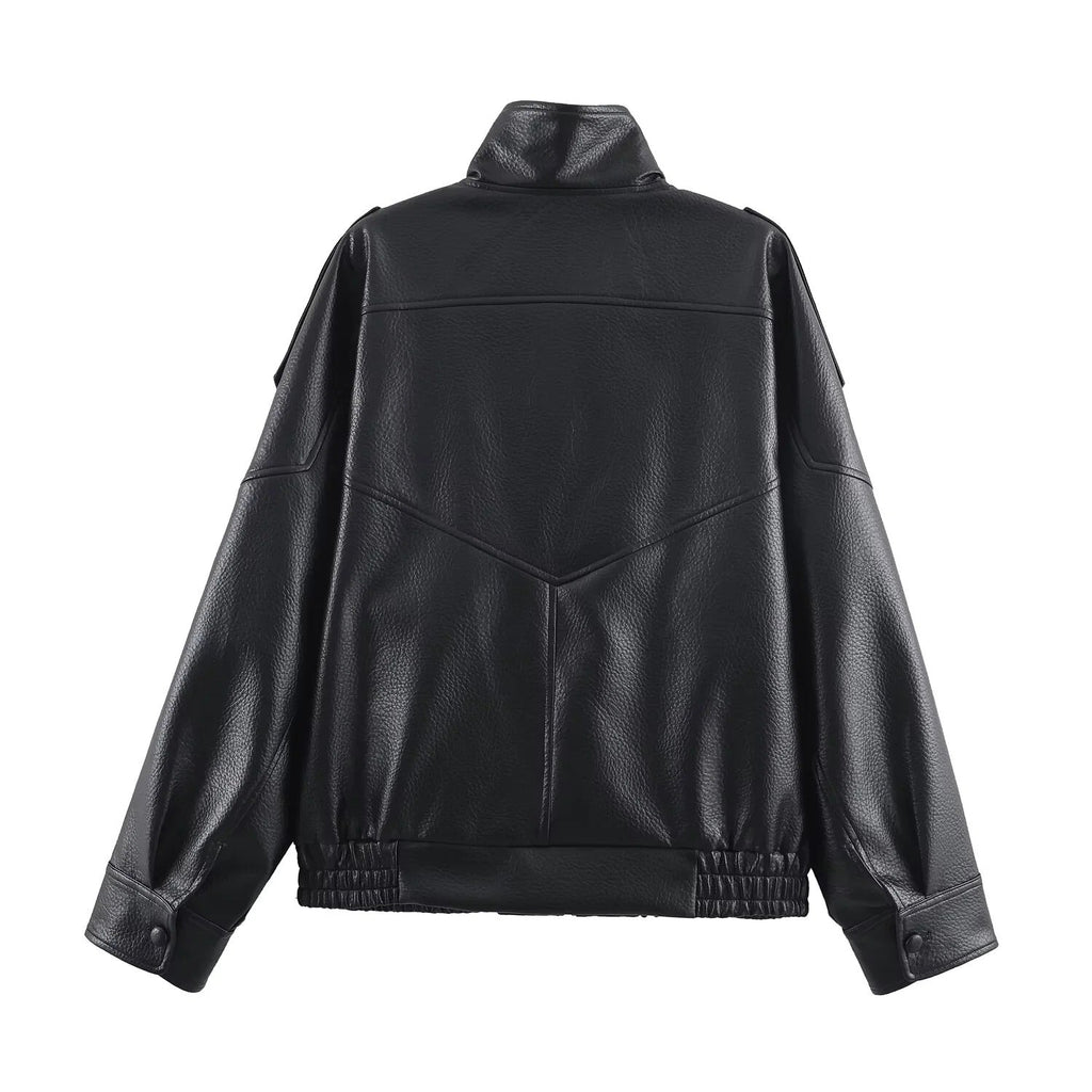 Women's Black Faux Leather Jacket with High Neck and Zip Front