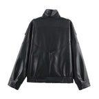 Women's Black Faux Leather Jacket with High Neck and Zip Front