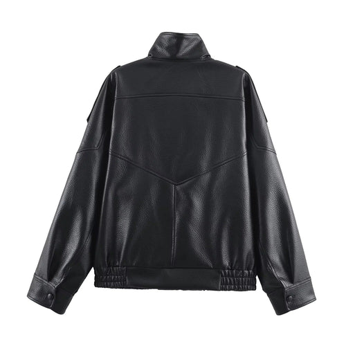 Women's Black Faux Leather Jacket with High Neck and Zip Front