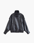 Women's Black Faux Leather Jacket with High Neck and Zip Front