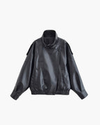 Women's Black Faux Leather Jacket with High Neck and Zip Front