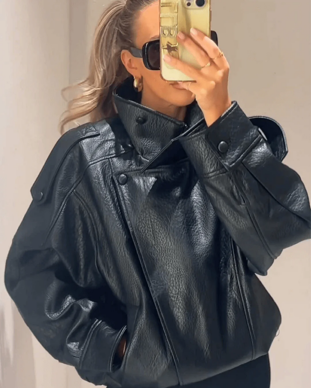 Women's Black Faux Leather Jacket with High Neck and Zip Front