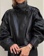 Women's Black Faux Leather Jacket with High Neck and Zip Front
