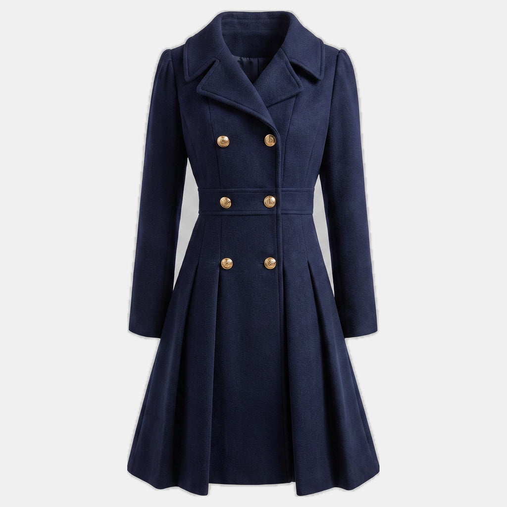 Women's double breasted wool blend coat with a fitted waist and a flared hem