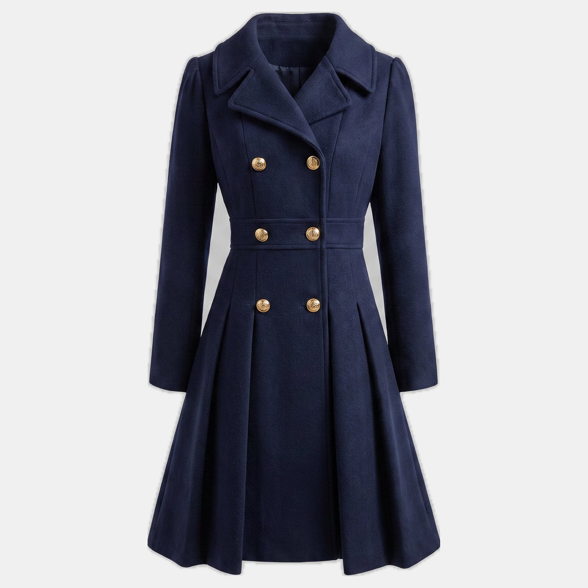 Women's double breasted wool blend coat with a fitted waist and a flared hem
