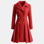 Women's double breasted wool blend coat with a fitted waist and a flared hem