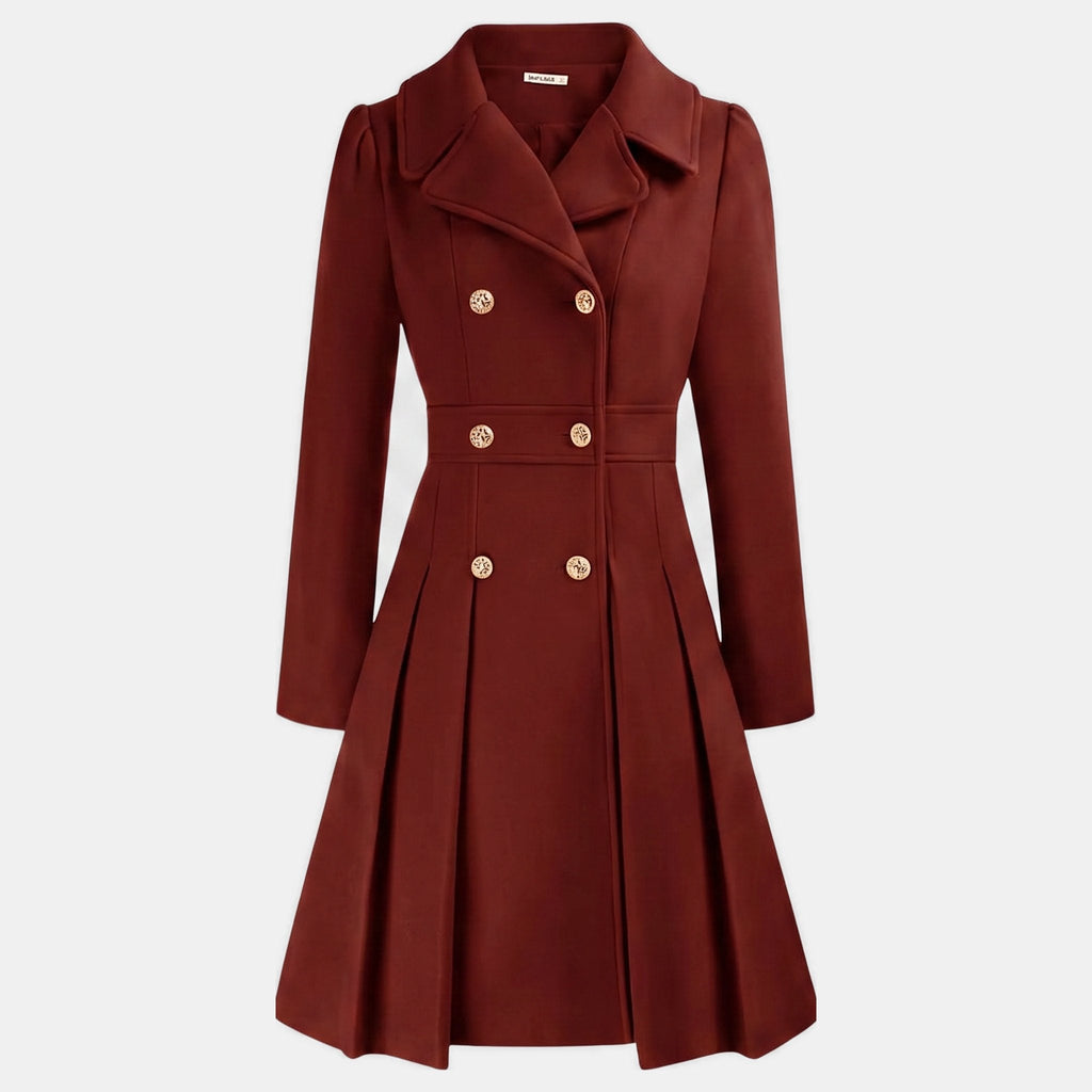 Women's double breasted wool blend coat with a fitted waist and a flared hem