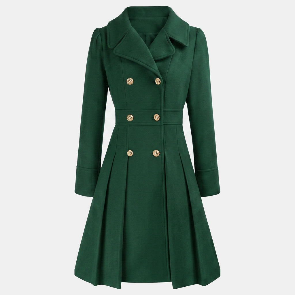 Women's double breasted wool blend coat with a fitted waist and a flared hem