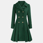 Women's double breasted wool blend coat with a fitted waist and a flared hem