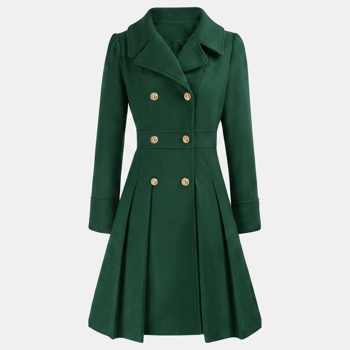 Women's double breasted wool blend coat with a fitted waist and a flared hem