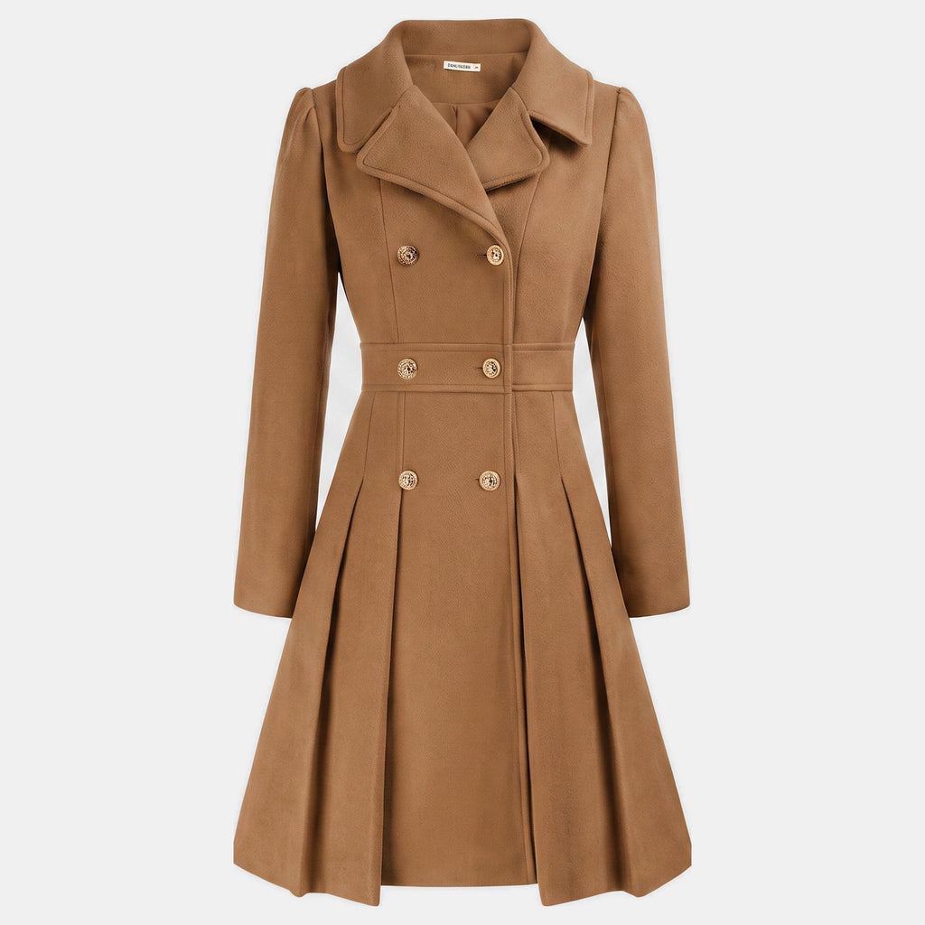 Women's double breasted wool blend coat with a fitted waist and a flared hem