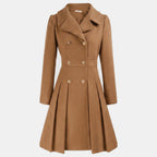 Women's double breasted wool blend coat with a fitted waist and a flared hem