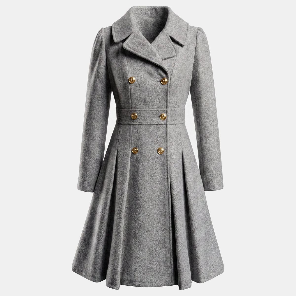 Women's double breasted wool blend coat with a fitted waist and a flared hem