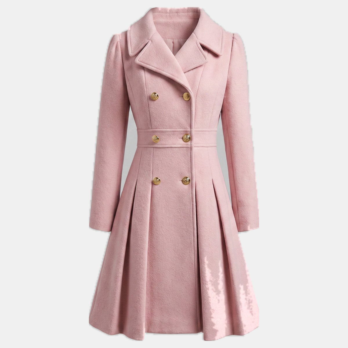 Women's double breasted wool blend coat with a fitted waist and a flared hem