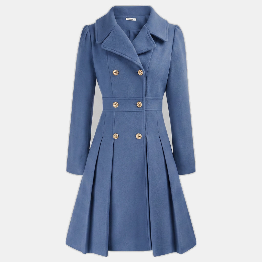 Women's double breasted wool blend coat with a fitted waist and a flared hem