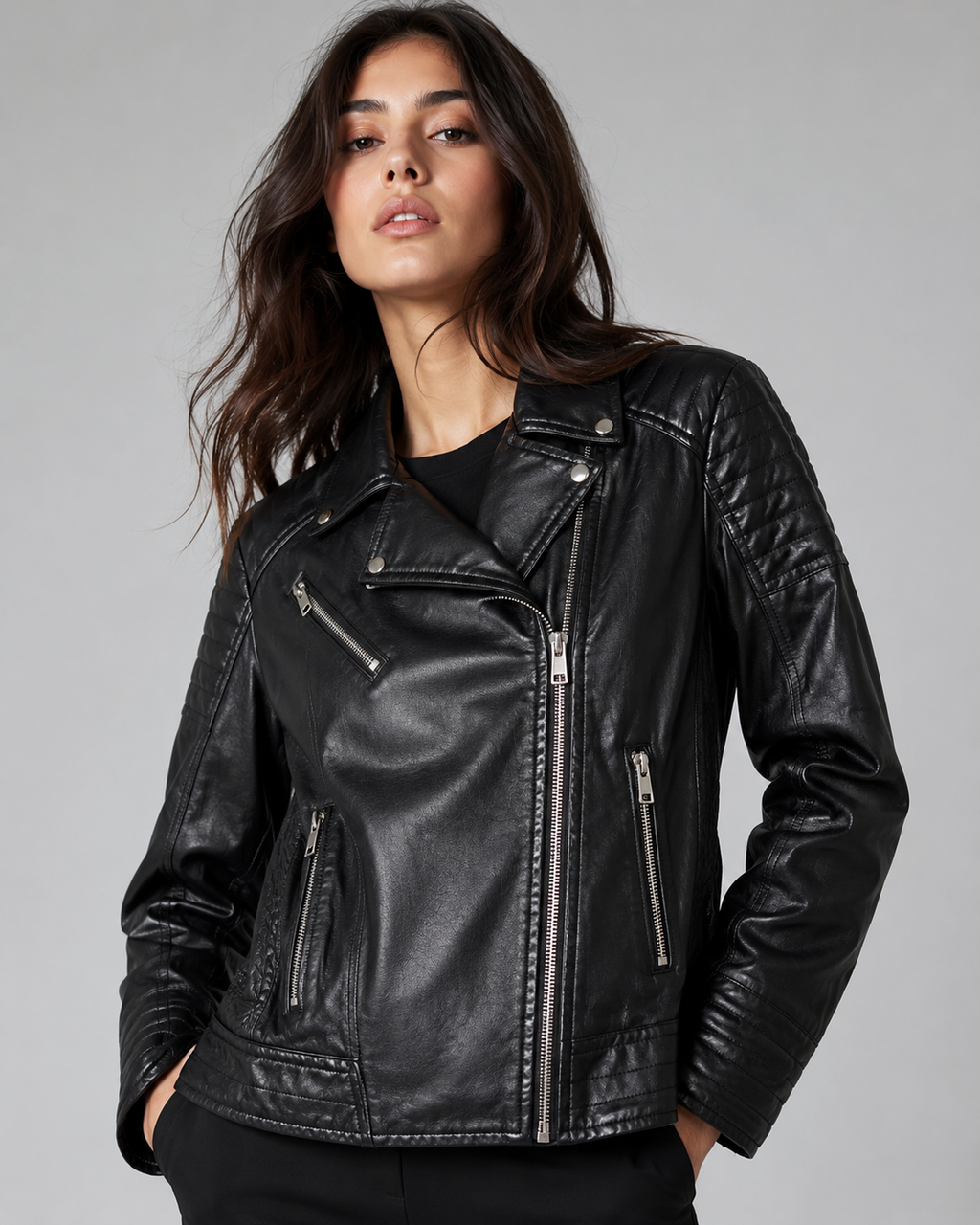 Women's Asymmetric Zip Up Faux Leather Biker Jacket