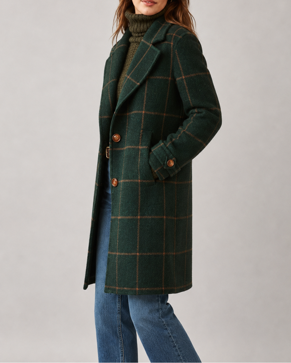 Women's Checked Wool Look Coat with Lapel Collar and Button Front