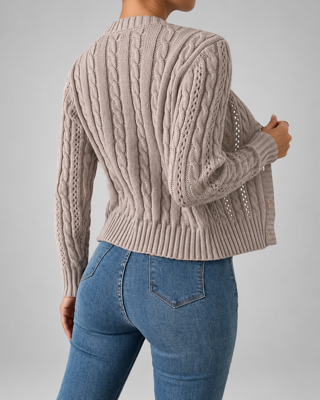 Women's Cable Knit Cardigan with Round Neck and Button Front