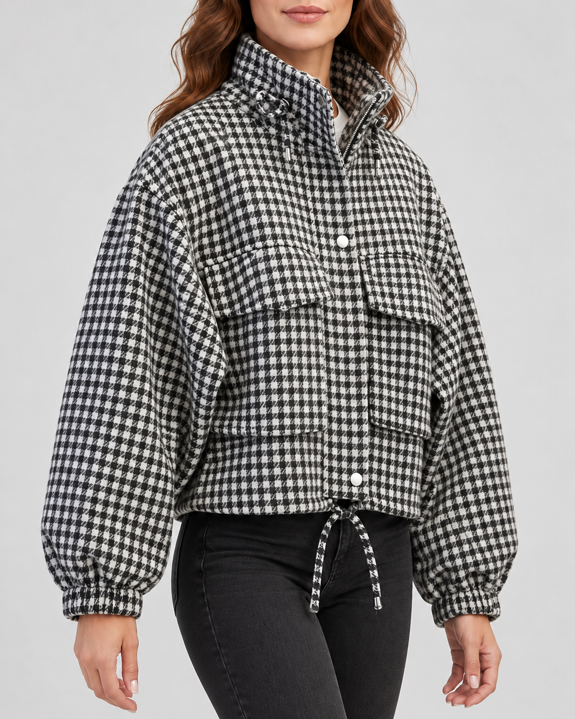 Women's cropped houndstooth jacket – Black – 02_three-quarter
