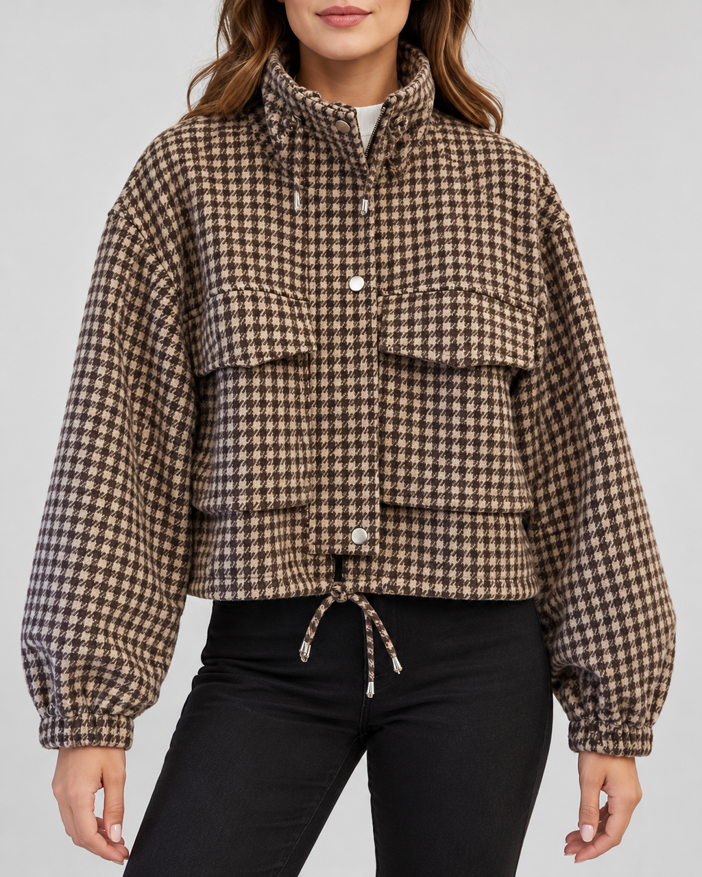 Women's cropped houndstooth jacket – Brown – front