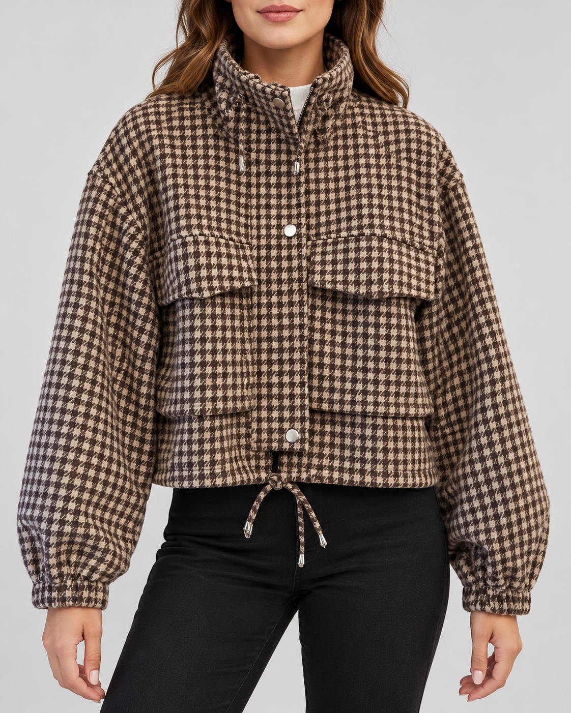 Women's cropped houndstooth jacket – Brown – front