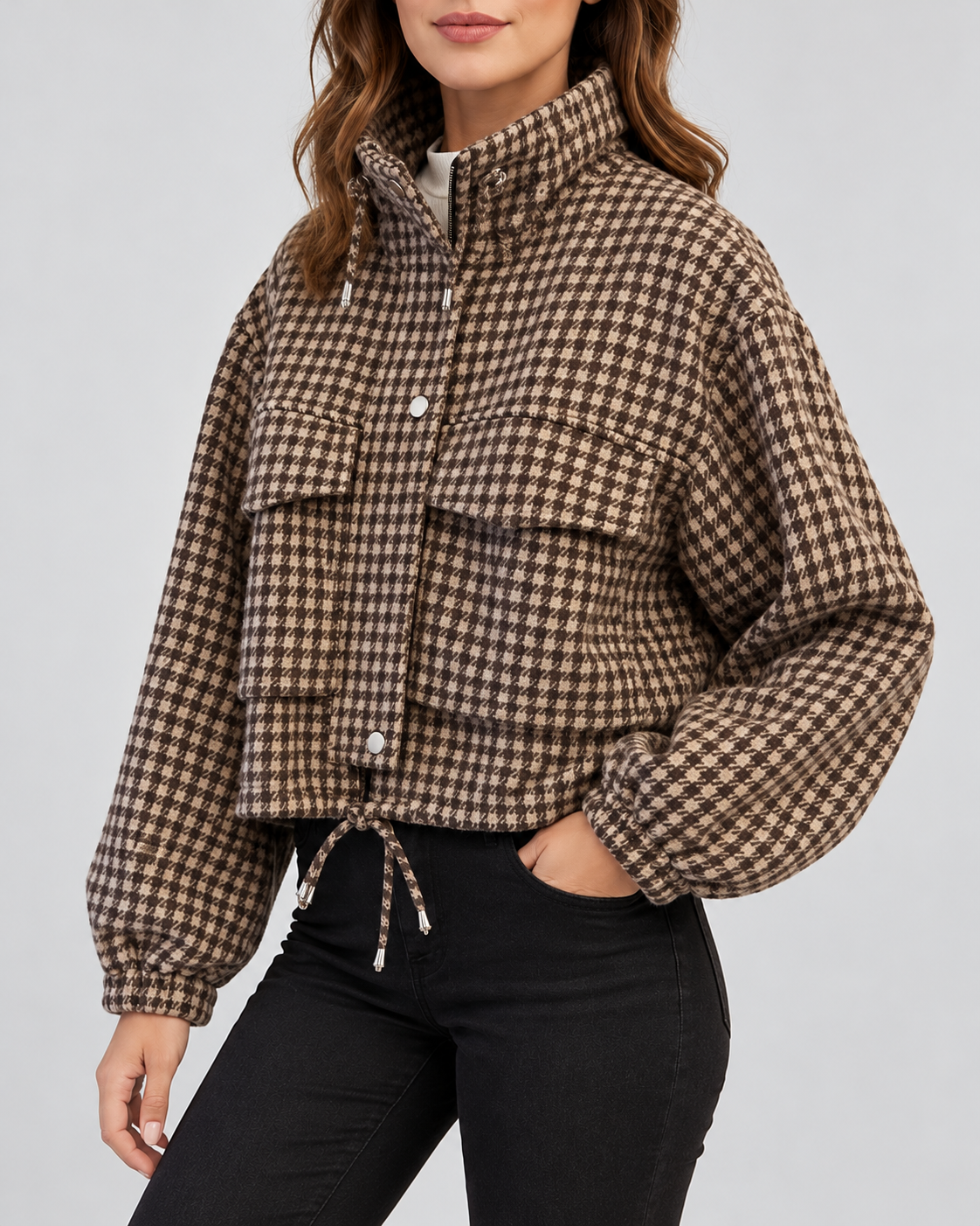 Women's cropped houndstooth jacket – Brown – 02_three-quarter