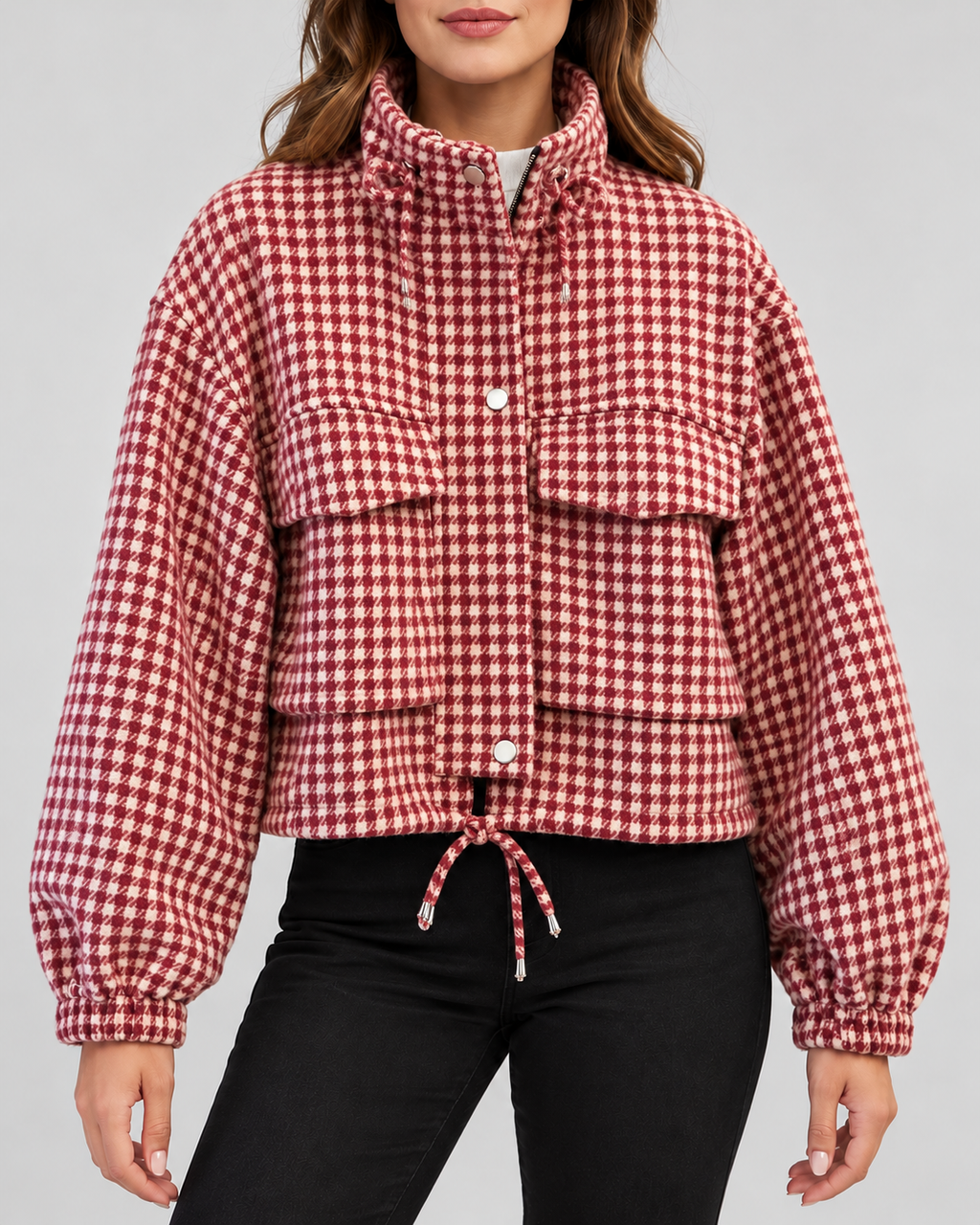 Women's cropped houndstooth jacket – Pink – 01_front