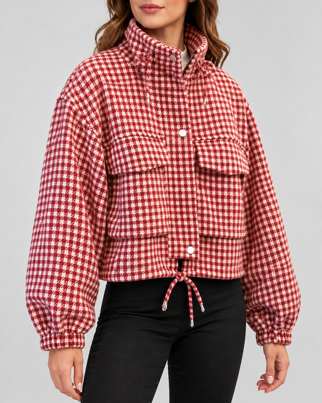 Women's cropped houndstooth jacket – Pink – 02_three-quarter