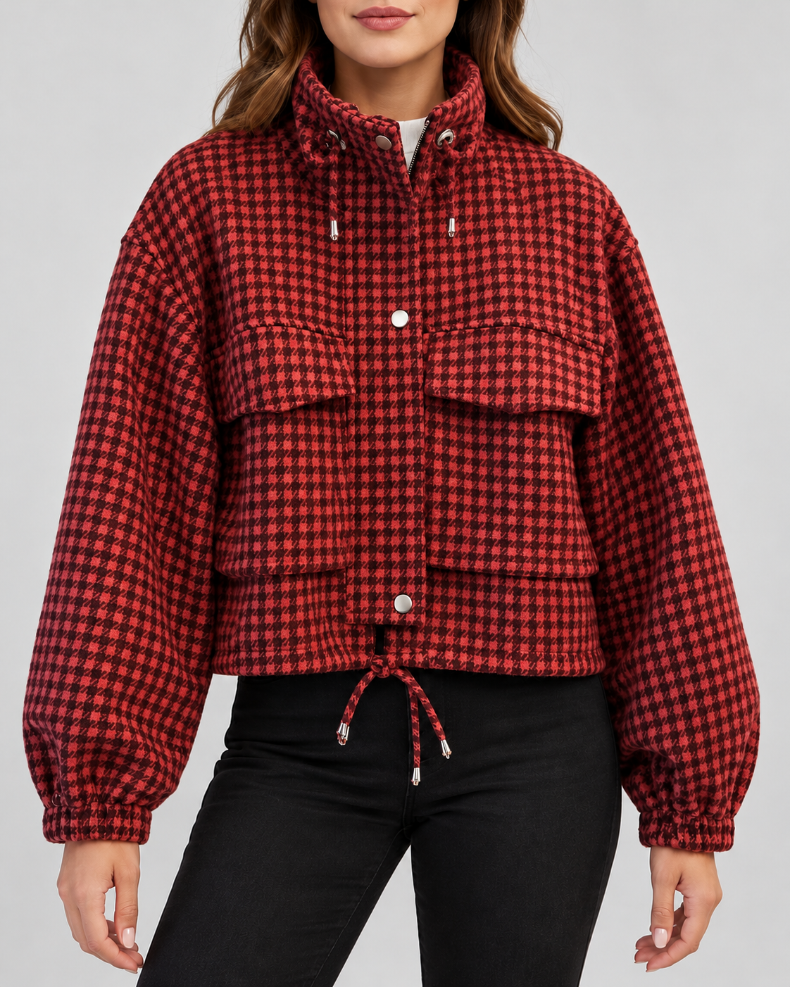 Women's cropped houndstooth jacket – Red – 01_front