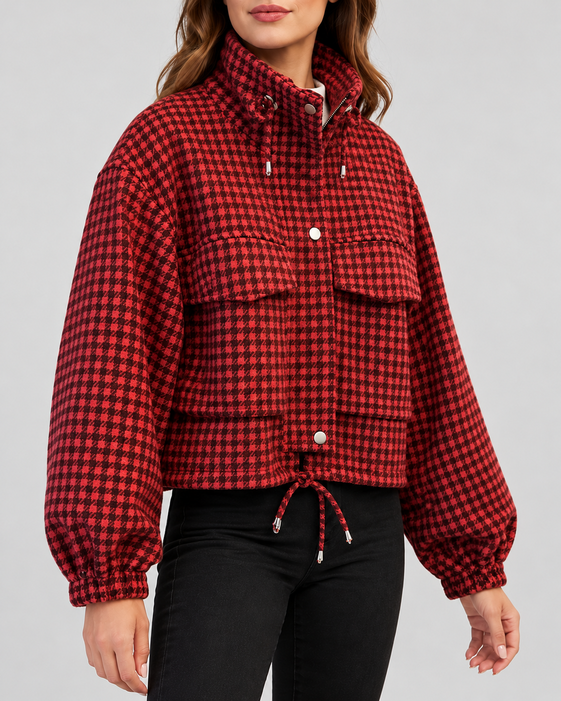 Women's cropped houndstooth jacket – Red – 02_three-quarter