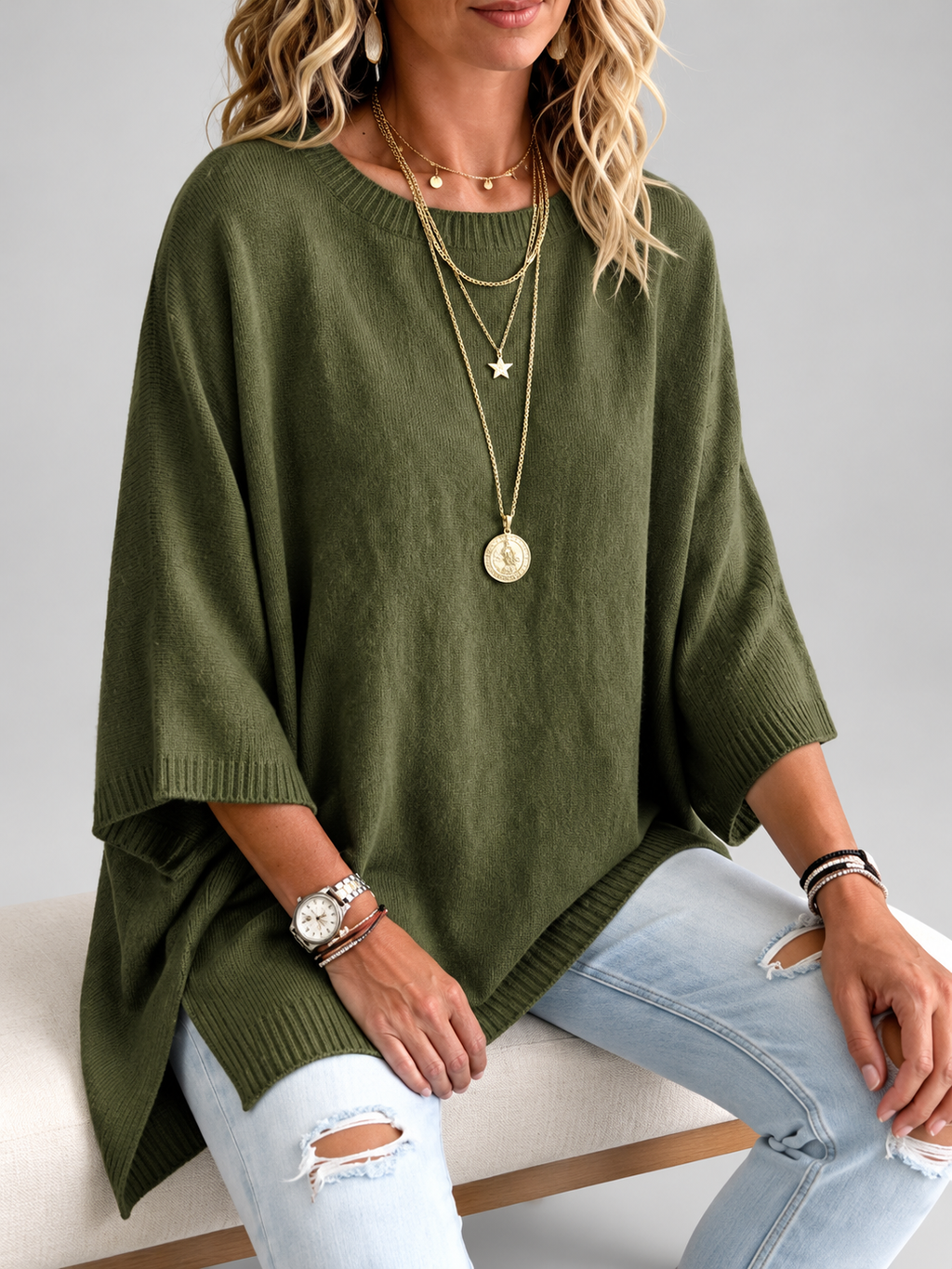 Women's oversized knitted jumper in Army Green – studio view 3
