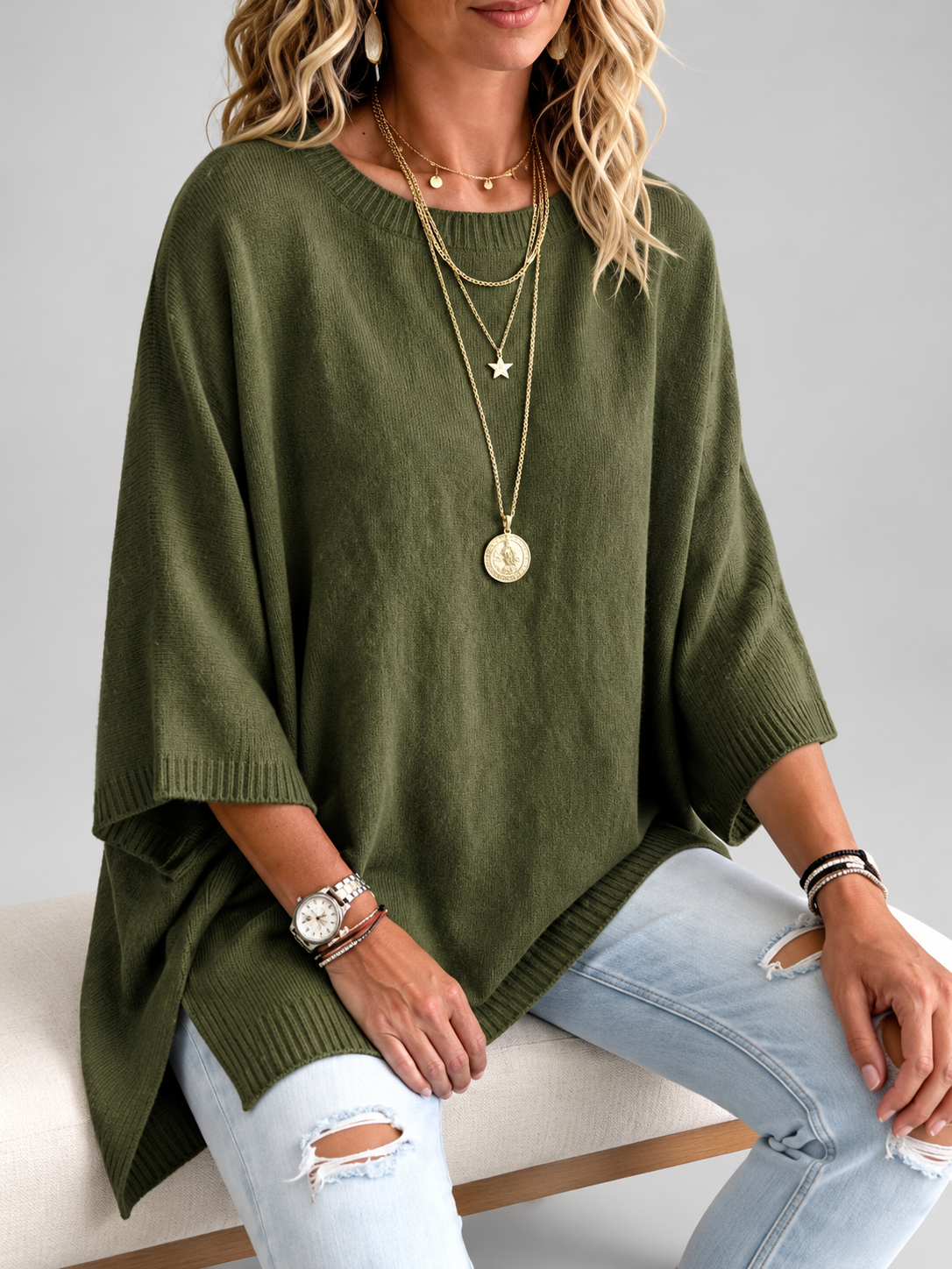 Women's oversized knitted jumper in Army Green – studio view 3