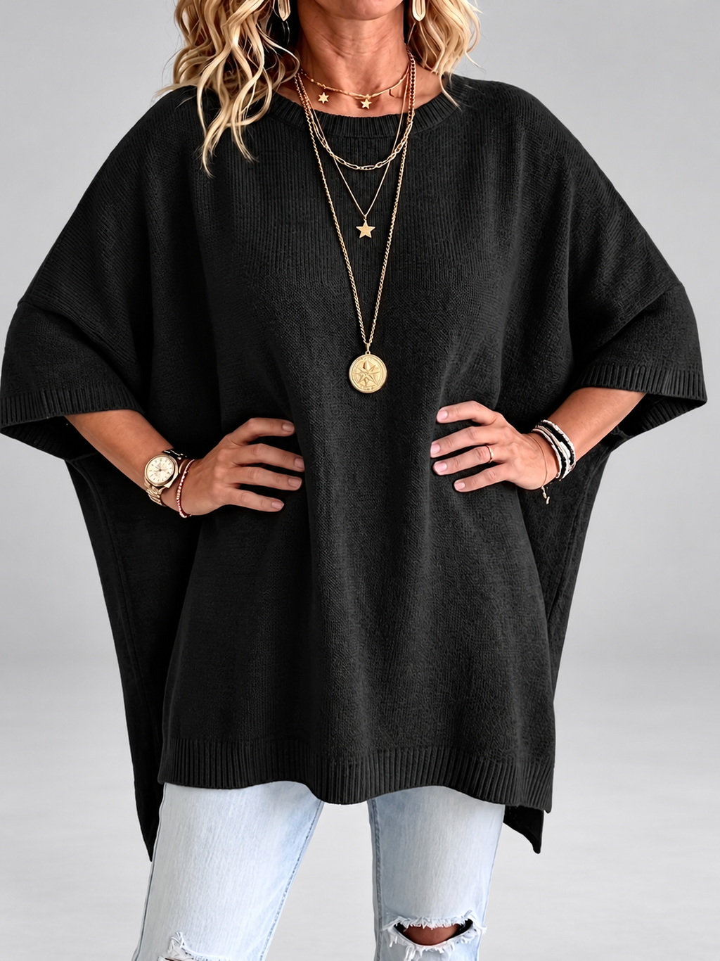 Women's oversized knitted jumper in black – studio view 5