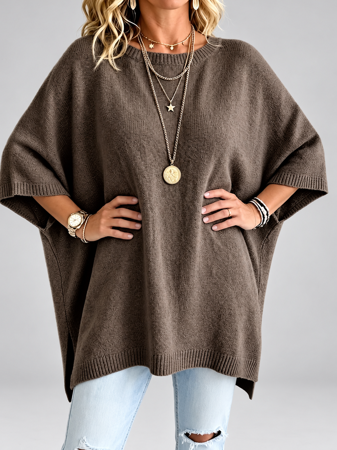 Women's oversized knitted jumper in Coffee – studio view 5