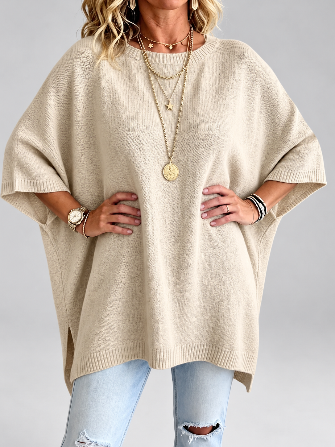 Women's oversized knitted jumper in khaki – studio view 5