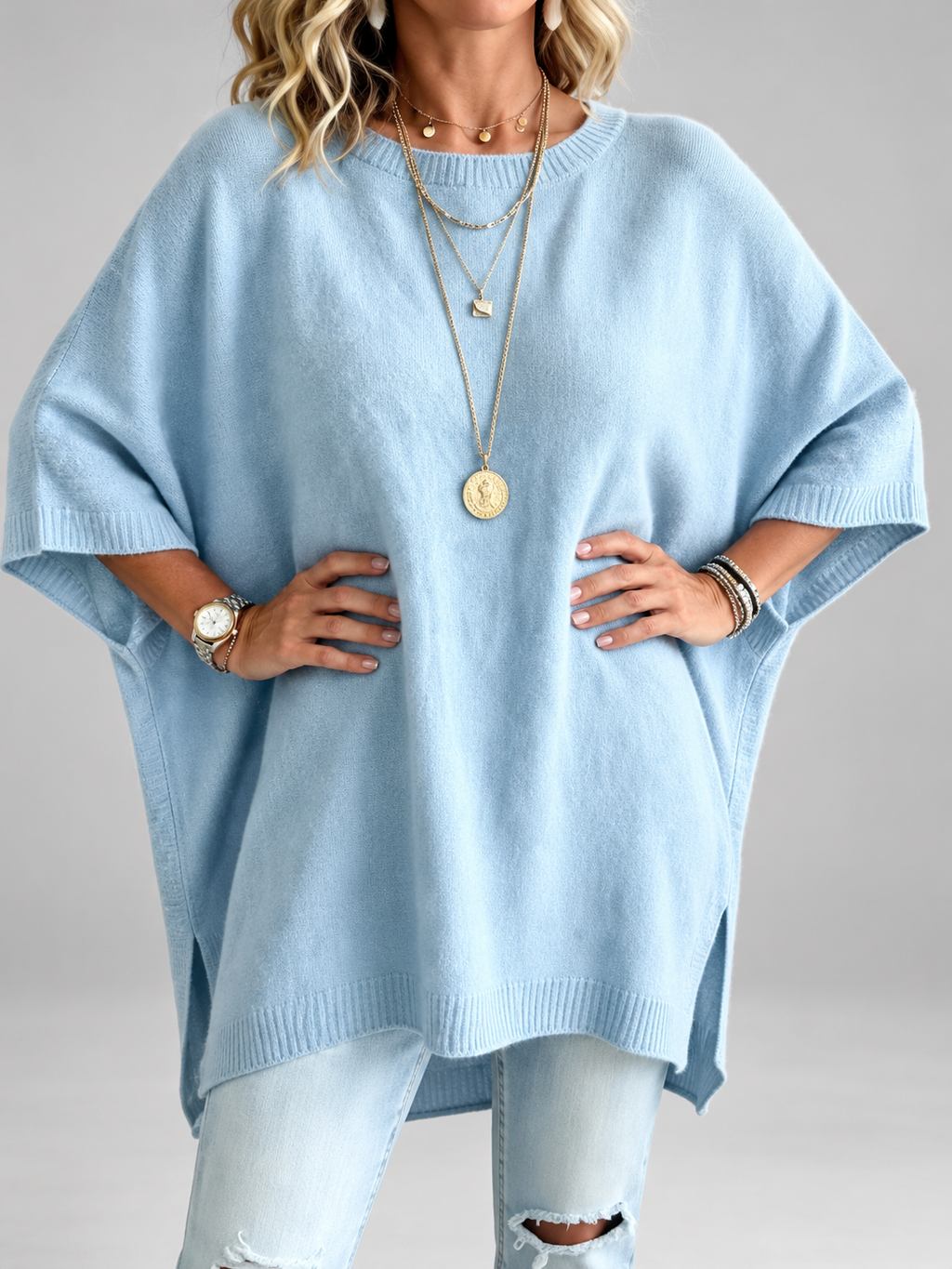 Women's oversized knitted jumper in Light Blue – studio view 2