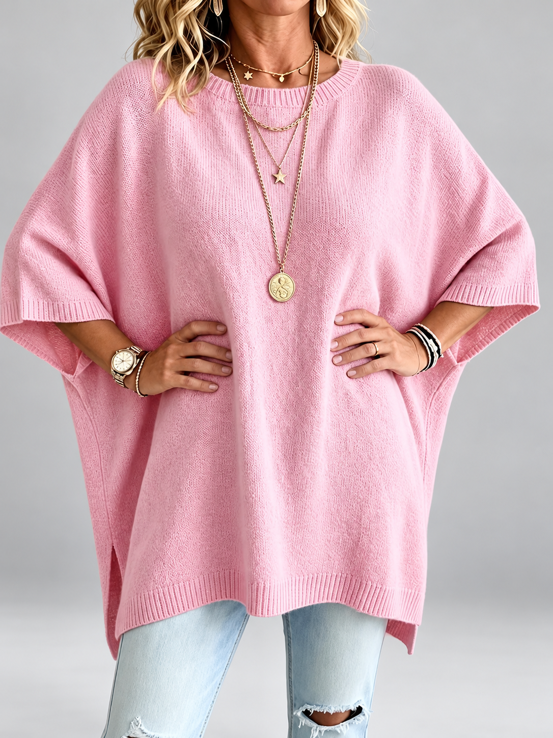 Women's oversized knitted jumper in Pink – studio view 4