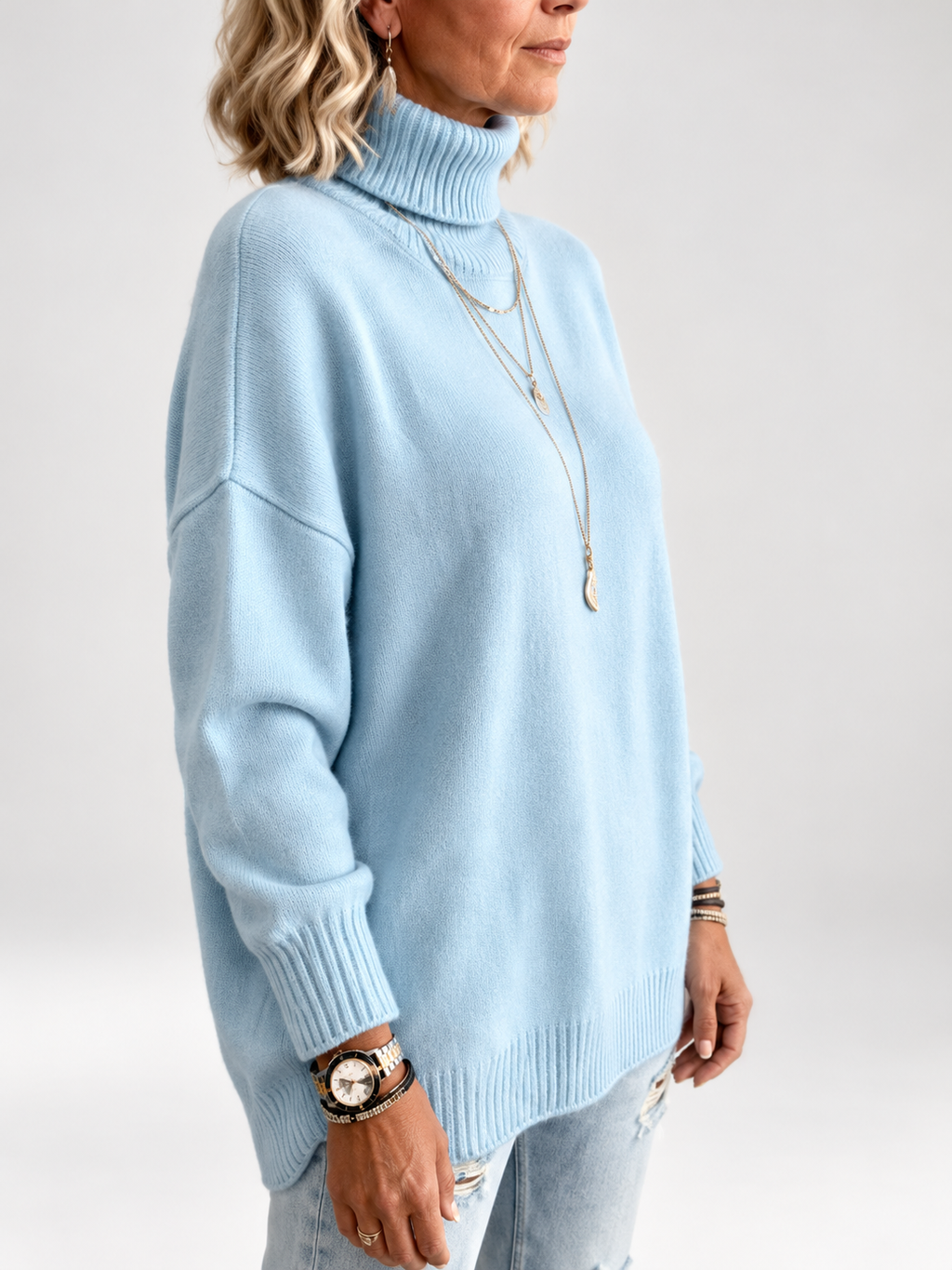 Light Blue roll neck jumper studio view 4