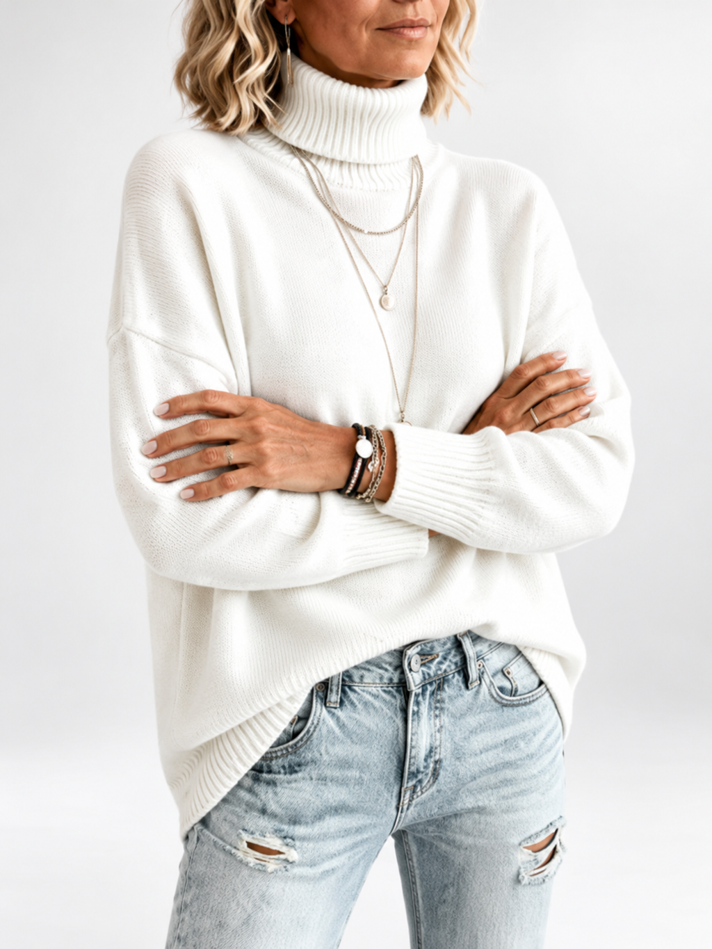 White roll neck jumper studio view 6