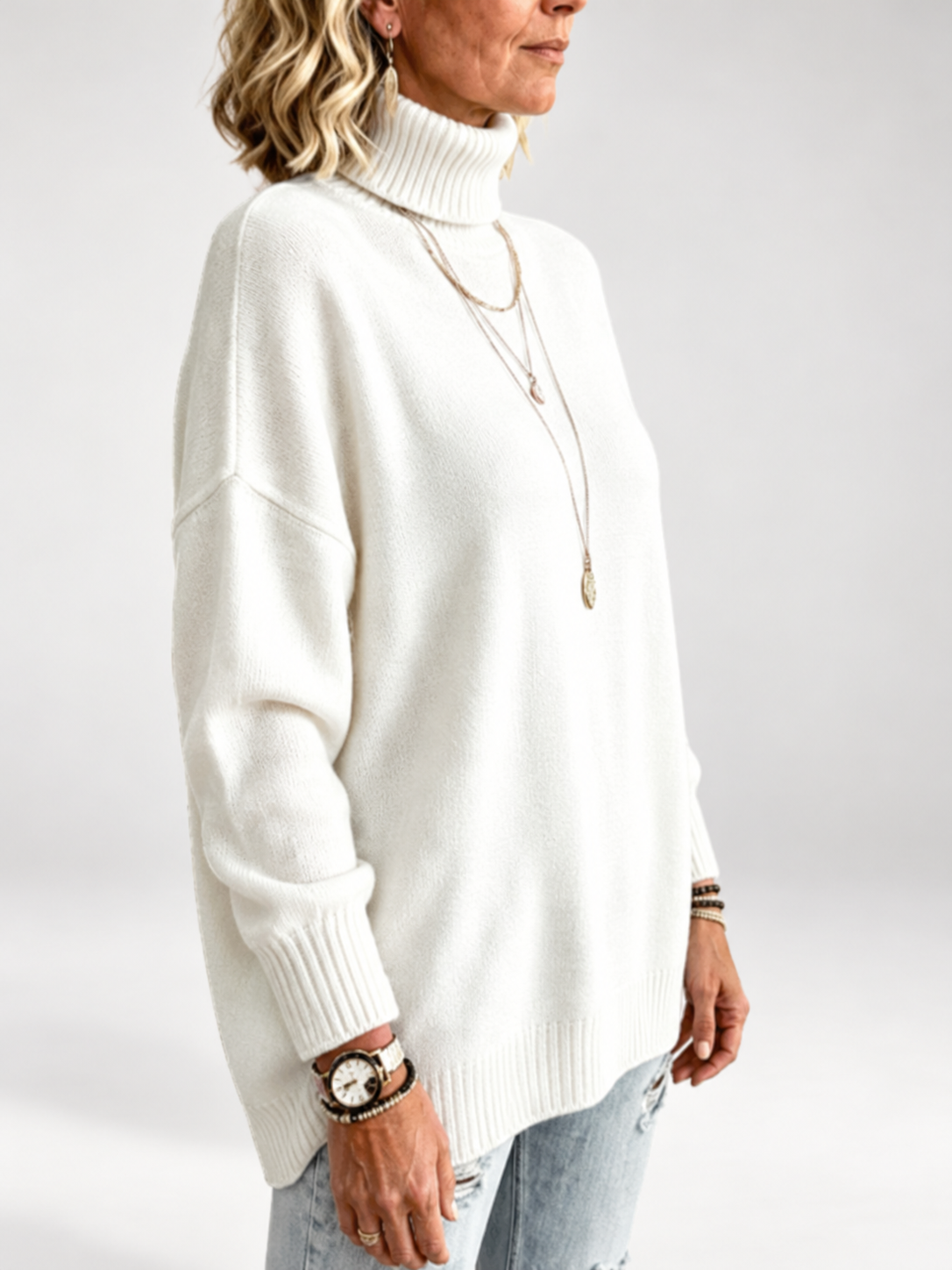 White roll neck jumper studio view 9