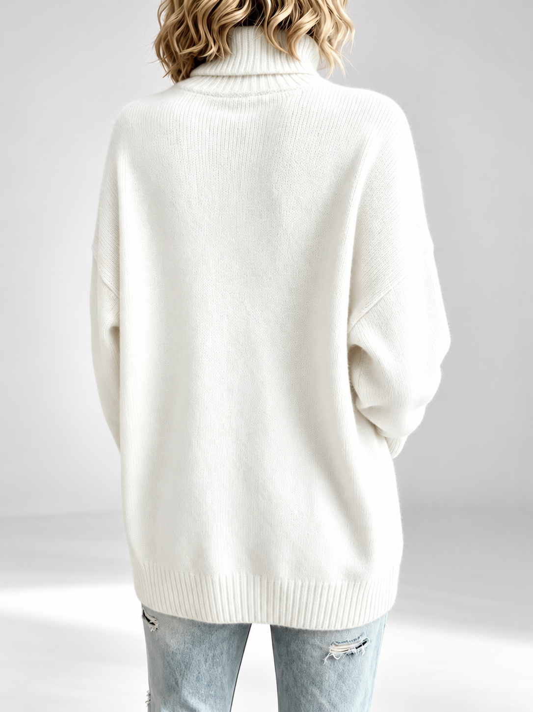 White roll neck jumper rear studio view