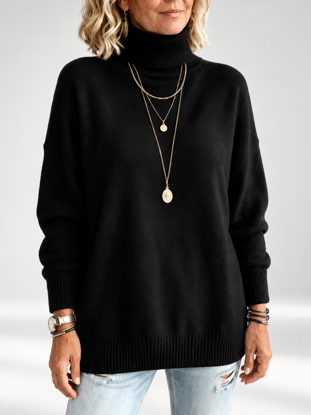 Black roll neck jumper studio view 11
