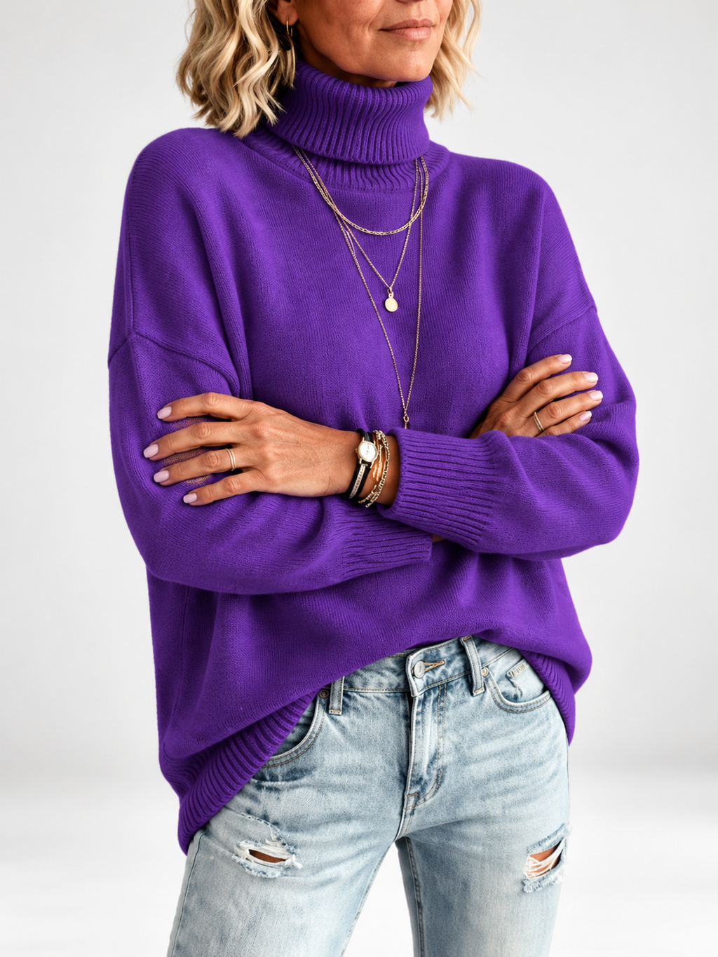 Purple roll neck jumper studio view 16