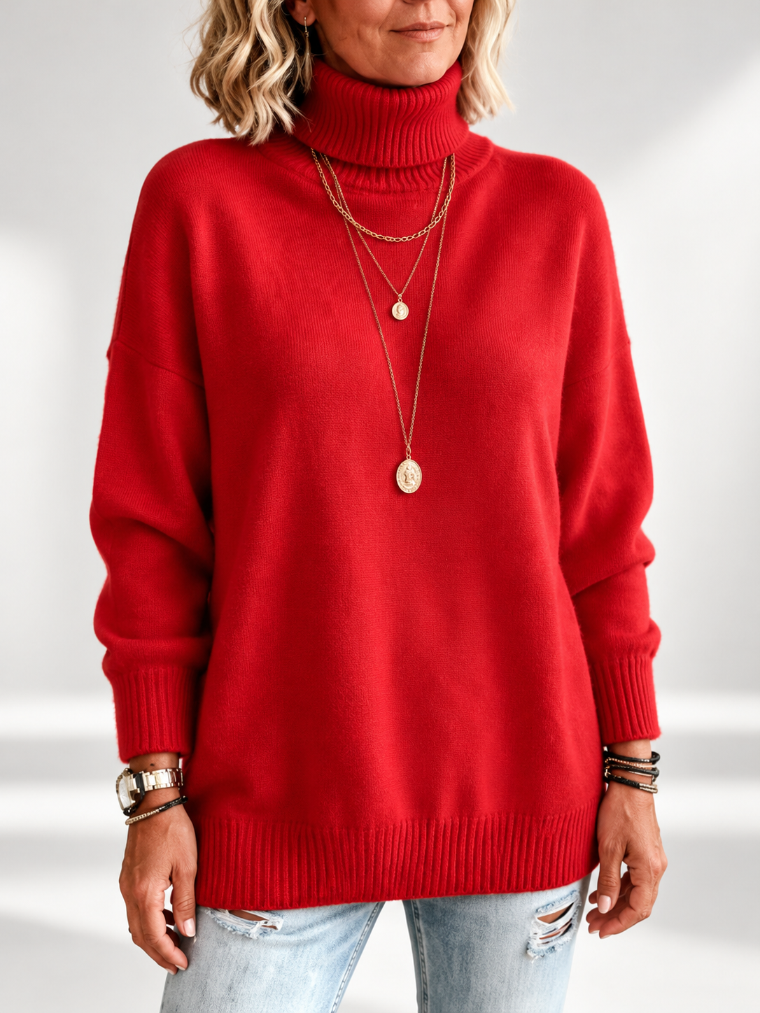 Red roll neck jumper studio view 21