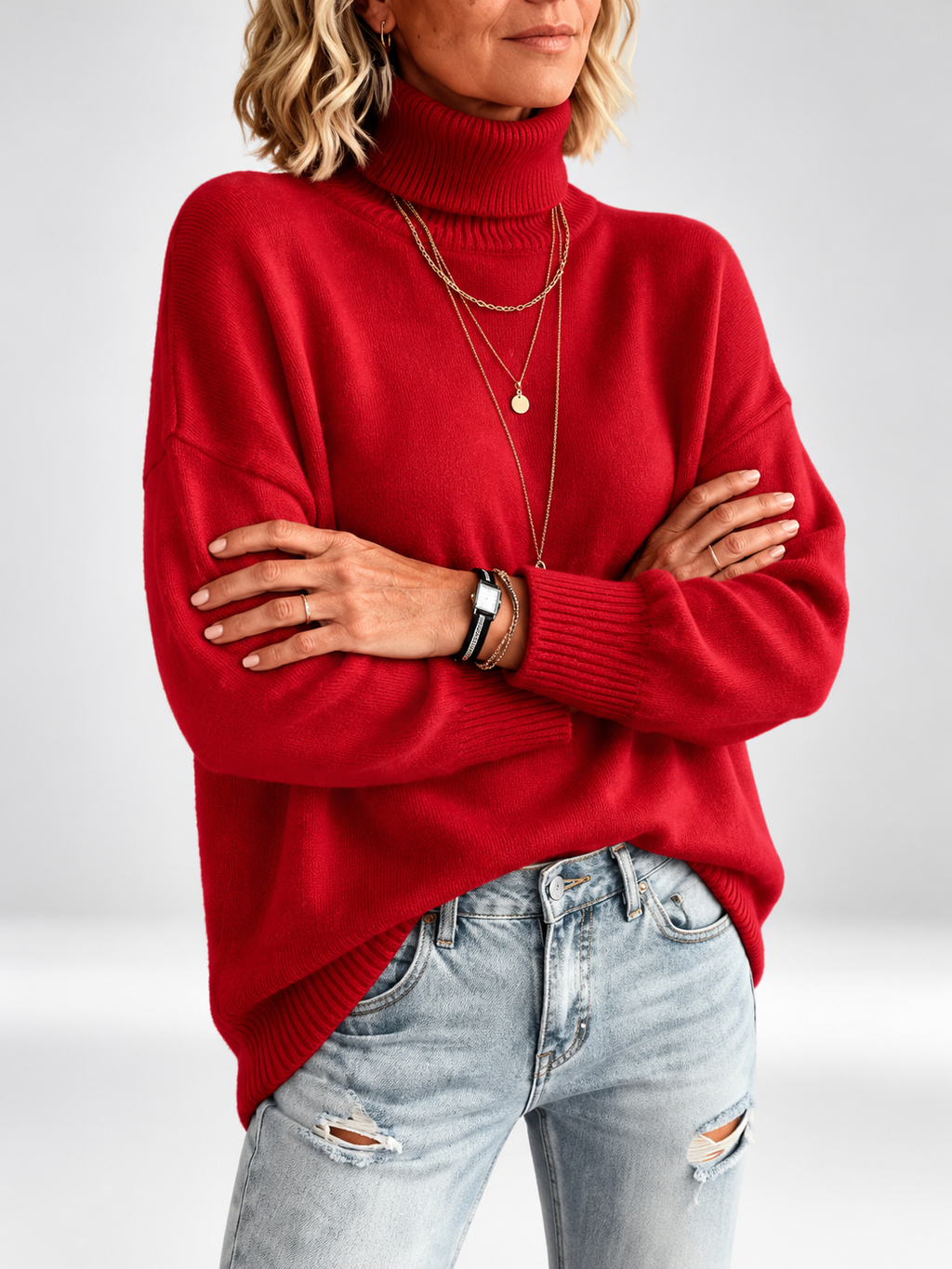 Red roll neck jumper studio view 22