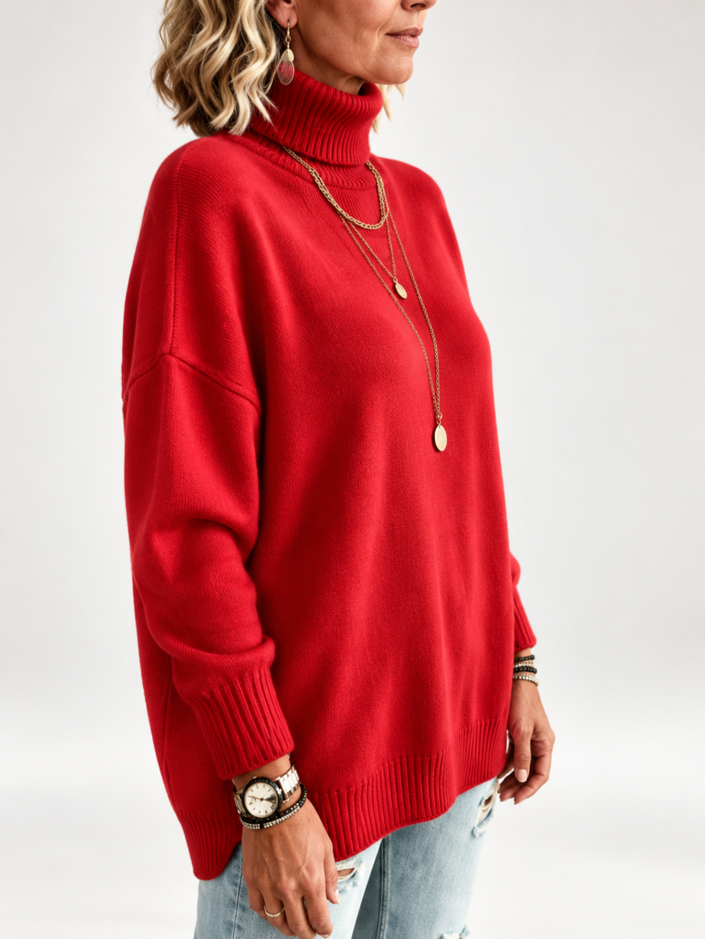 Red roll neck jumper studio view 23