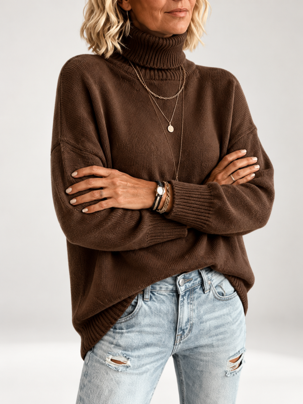 Coffee roll neck jumper studio view 26