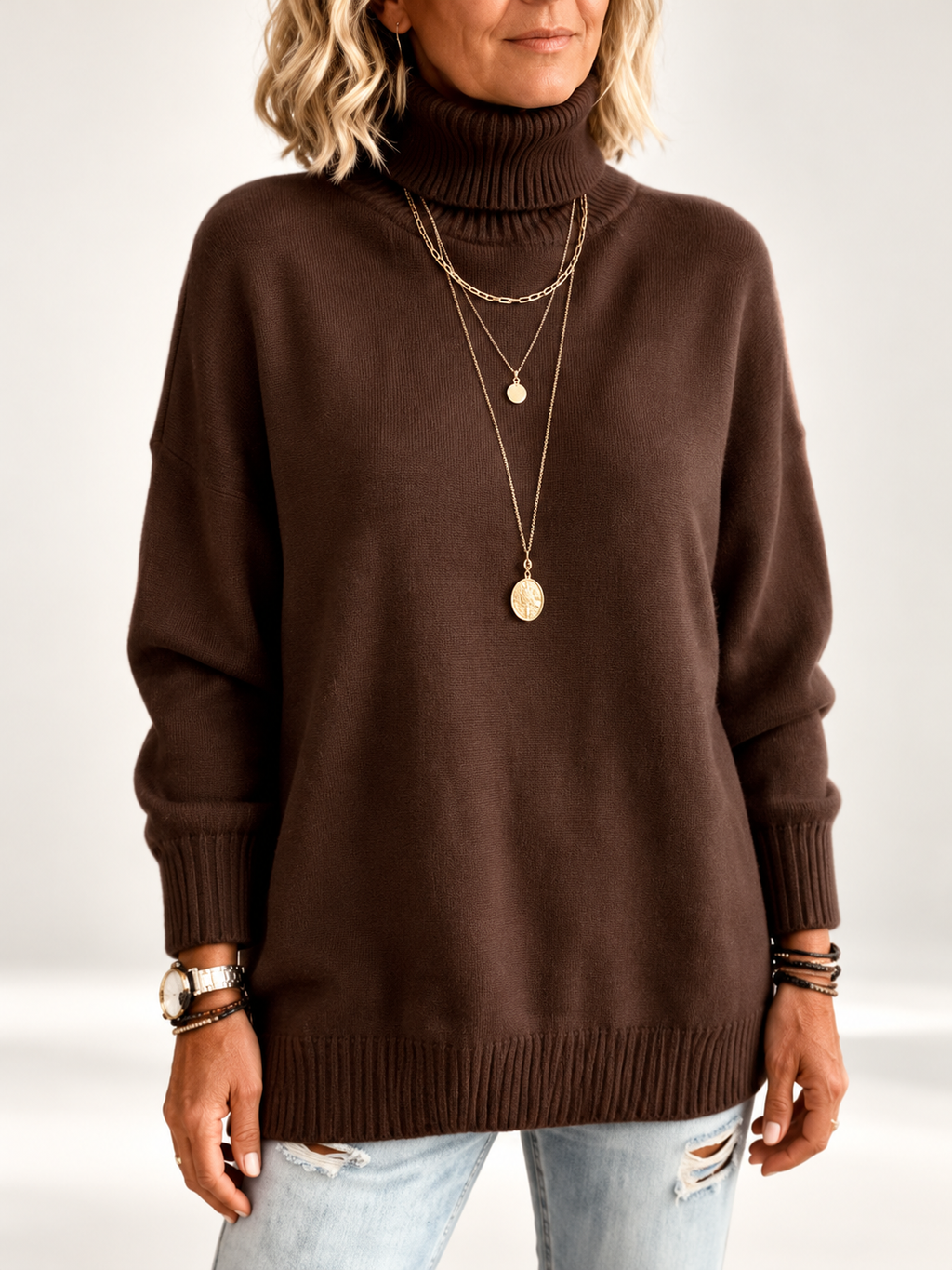 Coffee roll neck jumper studio view 27