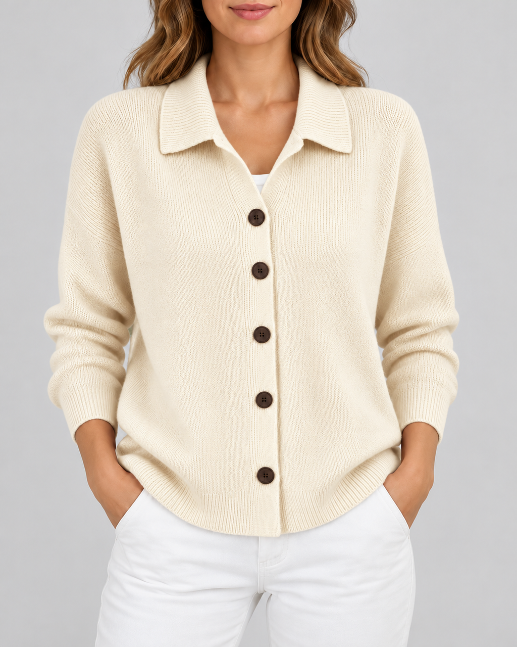 apricot knitted cardigan – studio front view